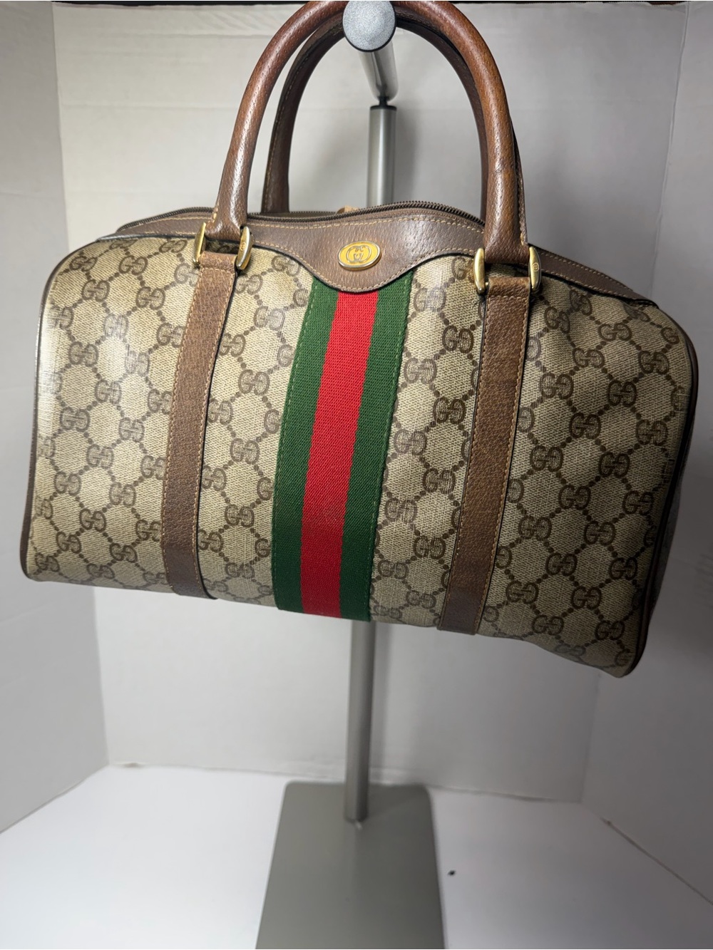 VINTAGE GUCCI BOSTON BAG GG HANDBAG PVC LEATHER MISSING ZIPPER PROJECT BAG